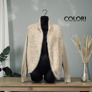 Colori, Champagne Fuzzy Knit Cardigan, Size L, Open Front, Soft Textured Panel